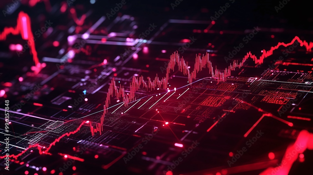 Poster abstract digital graphs with red lines representing data trends against a dark background.