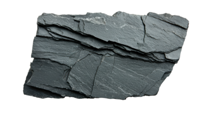 Dark slate rock with layered texture and rough surface. The rock has a natural, jagged appearance and is commonly used in construction and landscaping. Isolated on transparent background, png.