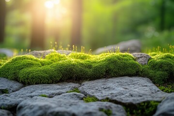 Lush green moss covering stones in a sunlit forest setting.