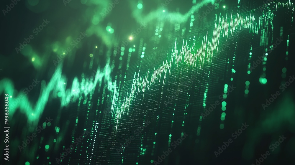 Poster abstract digital green line graph representing data trends and financial growth on a dark background
