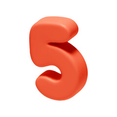 Voluminous Number 5. Five Number sign red soft color. Realistic 3d design in cartoon style. Isolated on white background. vector illustration