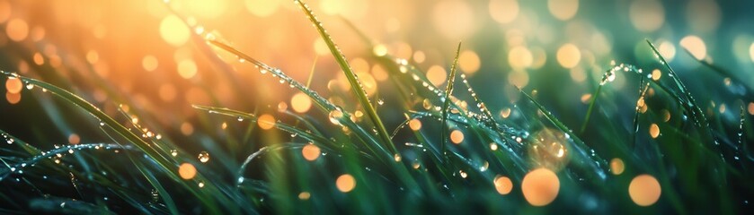 Morning dew on grass with soft bokeh effect, creating a serene and refreshing atmosphere.