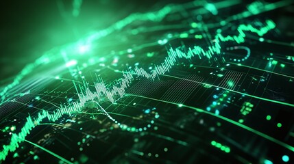 Abstract digital illustration featuring green data visualization and futuristic graphs on a dark background.