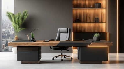 Modern Office Desk with Wooden Top and Black Leather Chair