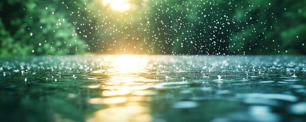 Raindrops falling on water surface with sunlight filtering through trees, serene nature scene.