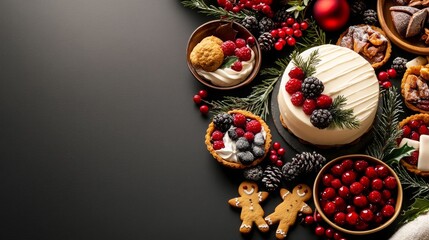 Fototapeta premium Festive Christmas Dessert Table with Berries and Cake