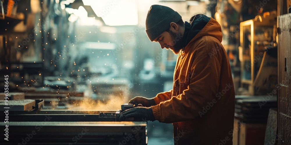 Aufkleber worker skillfully operating a saw in a vibrant workshop, illuminated by bright overhead lights, tool