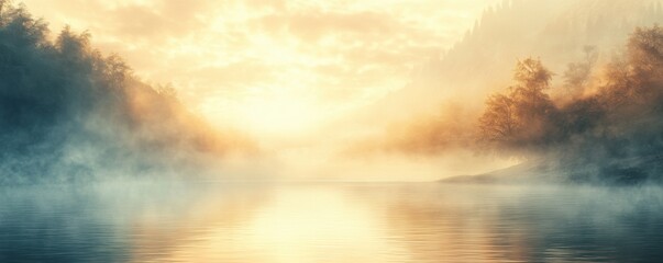 Serene landscape with misty water reflecting sunrise and trees in soft light.