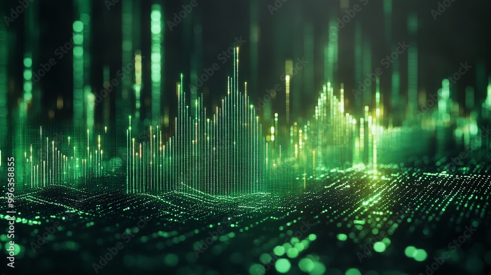 Poster abstract digital landscape in green tones, depicting futuristic data visualizations and wave pattern