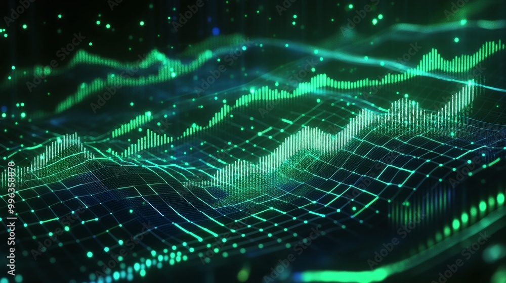 Poster abstract digital landscape showcasing dynamic green sound waves and data visualization.