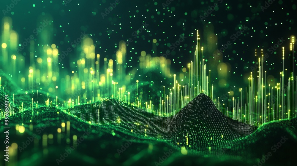 Poster abstract digital landscape showcasing green light patterns and data visualization concepts.