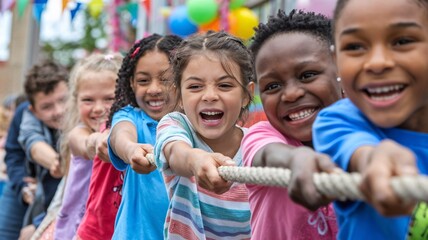 A group of cheerful children enthusiastically playing tug of war at an outdoor party. Colorful balloons and flags decorate the background, creating a fun and festive atmosphere. 