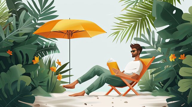 Reading book on sand beach. Man relaxing, sunbathing on summer vacation. Person reader resting on holiday. Relaxation under umbrella on sunny day. Flat vector illustration isolated on white background