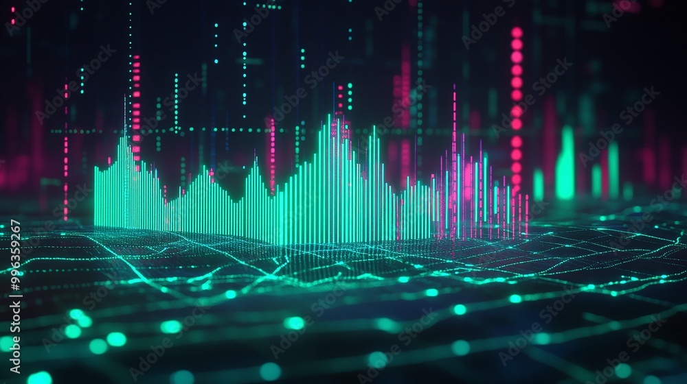 Poster abstract digital landscape with colorful data visualization, showcasing vibrant charts and grids.