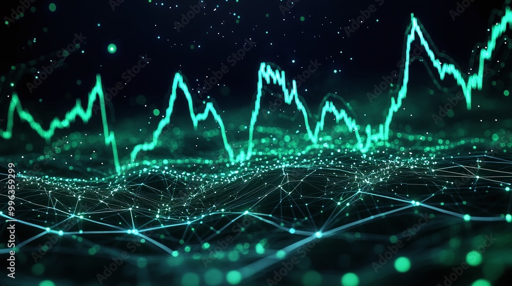 Poster abstract digital landscape with data analysis and graph visualization in vibrant green tones against