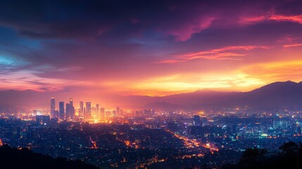 Naklejka premium Cityscape at Dusk with Vibrant Sunset and Mountain Silhouette