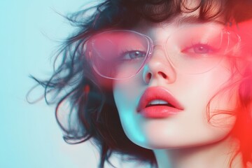 Fototapeta premium Captivating Beauty: A Vibrant Portrait with Colorful Lighting and Emotive Expressions