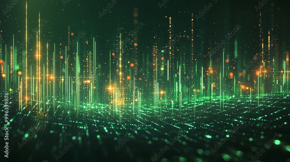 Poster abstract digital landscape with glowing green lines and lights, representing data flow and modern te