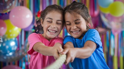 A group of cheerful children enthusiastically playing tug of war at an outdoor party. Colorful balloons and flags decorate the background, creating a fun and festive atmosphere.
