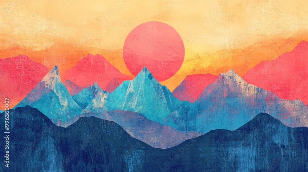 Poster a vibrant abstract artwork featuring a mountain backdrop enhanced with a risograph effect in a conte