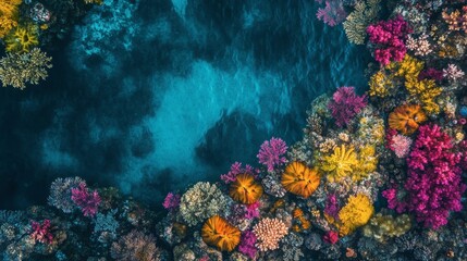 An amazing aerial view of a colorful coral reef, showing the rich diversity of marine life and vibrant colors.