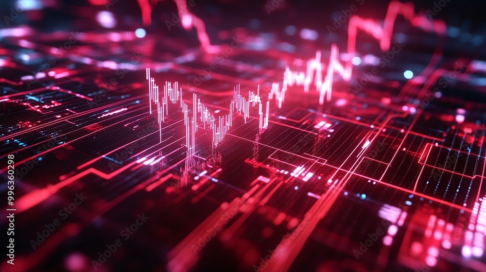 Poster abstract digital landscape with glowing red lines and data visualizations against a dark background.