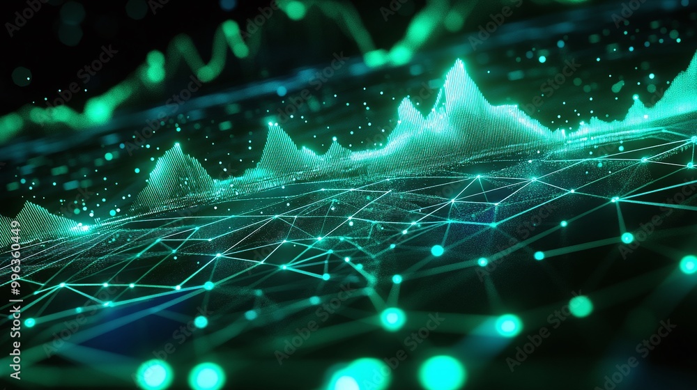 Poster abstract digital landscape with green and blue glowing lines and nodes representing data and connect