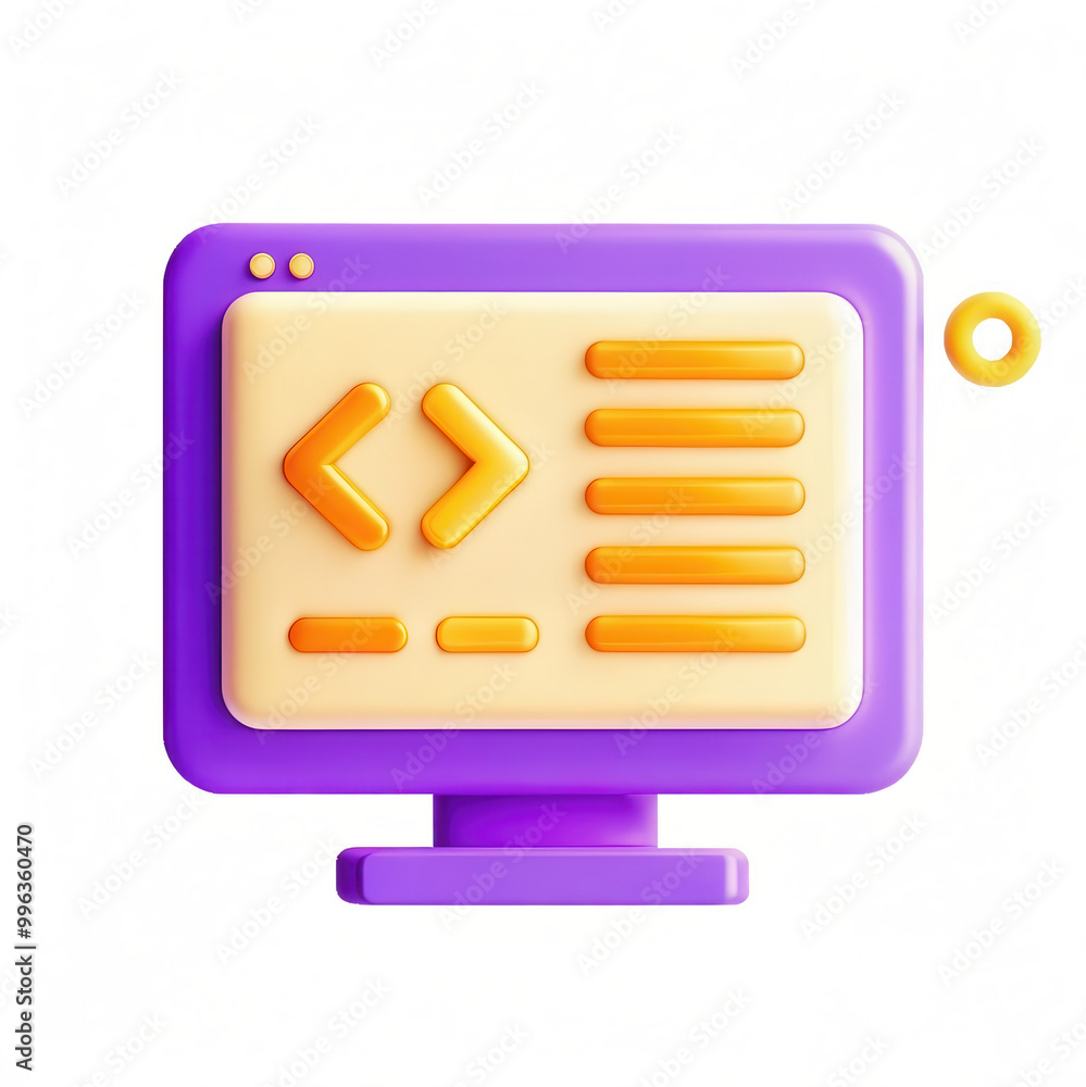 Poster A vibrant, stylized 3D rendering of a computer screen showcasing a coding layout. It's designed with playful colors and modern shapes.