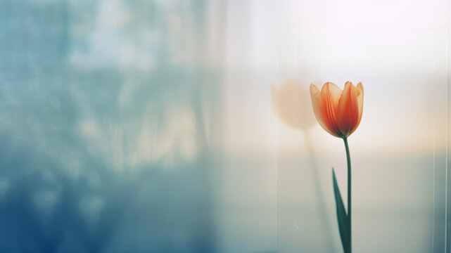a blurry picture of a singel tulip behind the blurred glass.