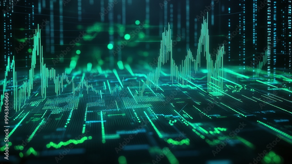Poster abstract digital landscape with green data graphs and code elements, representing technology and dat
