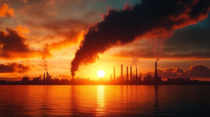 Fototapeta premium Industrial Sunset with Smoke and Water Reflection
