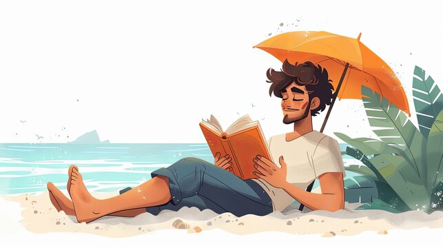 Reading book on sand beach. Man relaxing, sunbathing on summer vacation. Person reader resting on holiday. Relaxation under umbrella on sunny day. Flat vector illustration isolated on white background