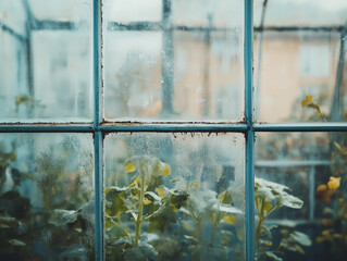 Extreme Close-Up of Greenhouse Wall with Stockholm City Buildings Visible