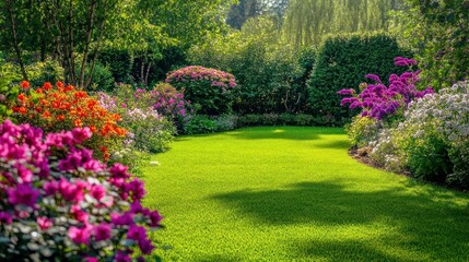 Gorgeous garden in May. The garden's blossoming blooms are emphasized by the verdant lawn. A wide variety of vibrant blooms and expansive vistas of breathtaking scenery