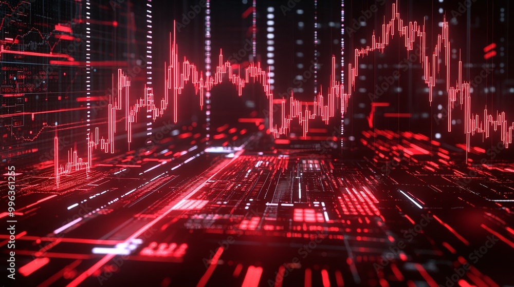 Poster abstract digital landscape with red data visualization and graph lines representing financial trends