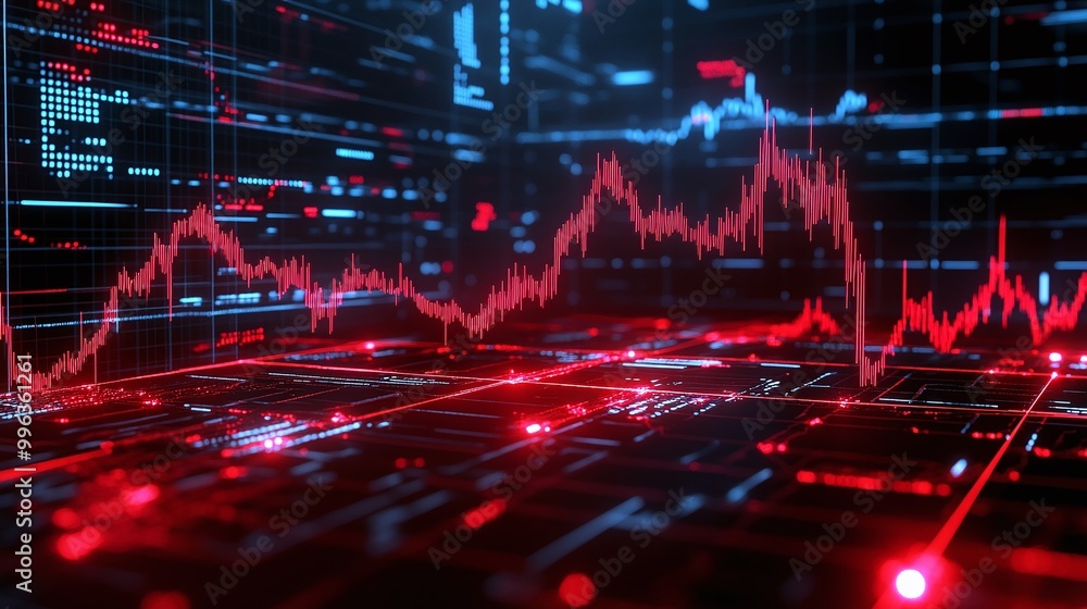 Poster abstract digital landscape with red and blue data spikes depicting analytics on a dark background.