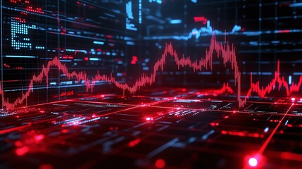 Abstract digital landscape with red and blue data spikes depicting analytics on a dark background.