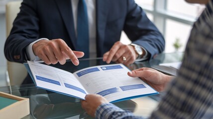 Two business professionals reviewing documents at a meeting. Close-up view of hands and papers. Professional, collaborative atmosphere.