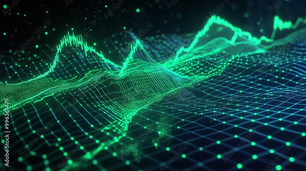 Poster abstract digital landscape with vibrant green waves, showing data flow and connectivity on a grid ba