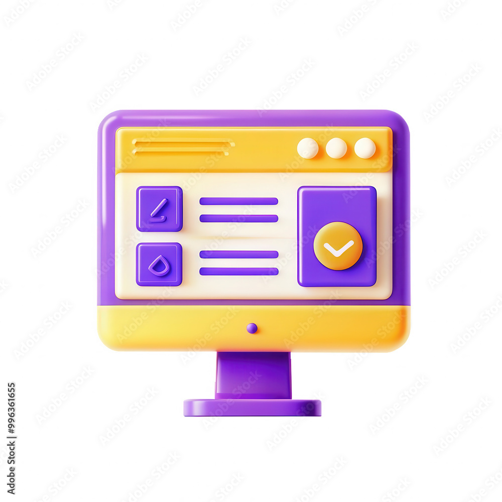 Poster A colorful 3D render of a computer monitor featuring various buttons and a display, showcasing a modern design with vibrant purple and yellow colors.