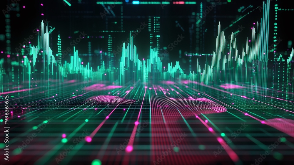 Poster abstract digital landscape with vibrant lines and data visualizations in green and pink tones on a d