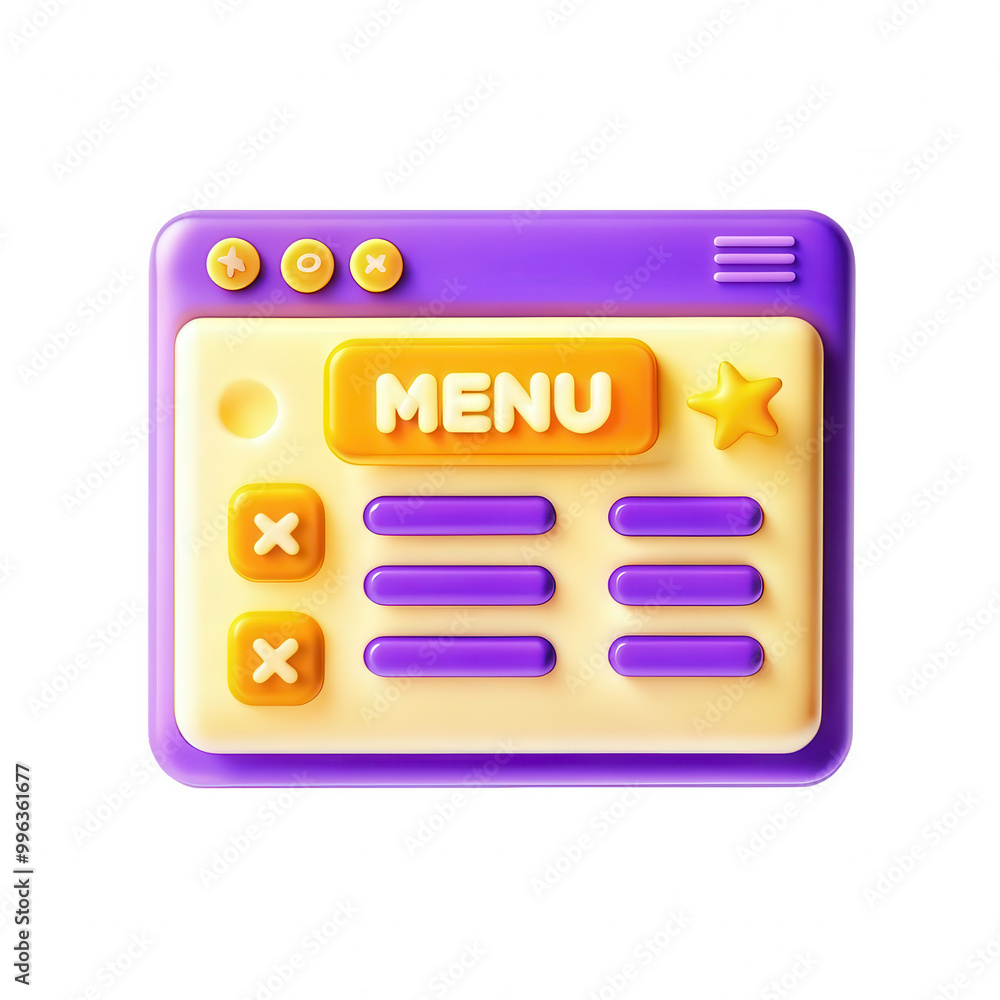 Poster a colorful 3d menu interface design featuring vibrant colors and buttons like 'menu', with icons for