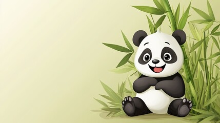 Obraz premium A cheerful cartoon panda sitting with bamboo, surrounded by green leaves with room for text in the background.