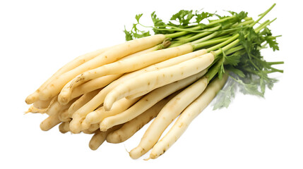 a bunch of white vegetables with green stems