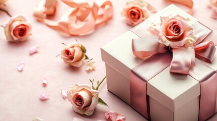 Gift boxes with ribbons and roses scattered on a light pink surface, with plenty of open space for text