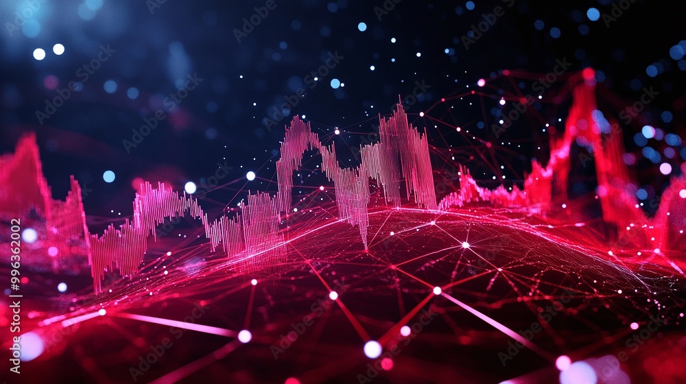 Aufkleber abstract digital landscape with vibrant red wave patterns and glowing connections representing data 