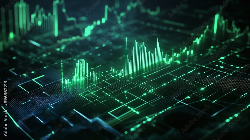 Poster abstract digital representation of data analysis with green graphs and charts on a dark background.