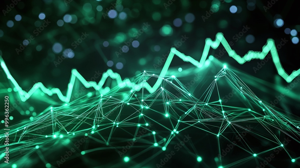 Poster abstract digital representation of data analysis with green lines and connections against a dark bac