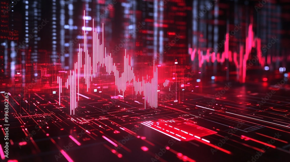 Poster abstract digital representation of data flow with glowing red lines and graphs.