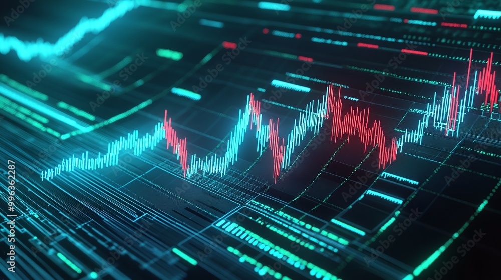 Poster abstract digital representation of financial data trends with glowing lines and fluctuating graphs.